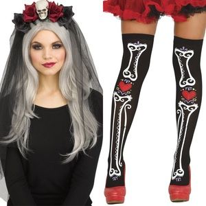 Day Of The Dead Halloween Floral Skull Headband Veil & Stockings Costume Set